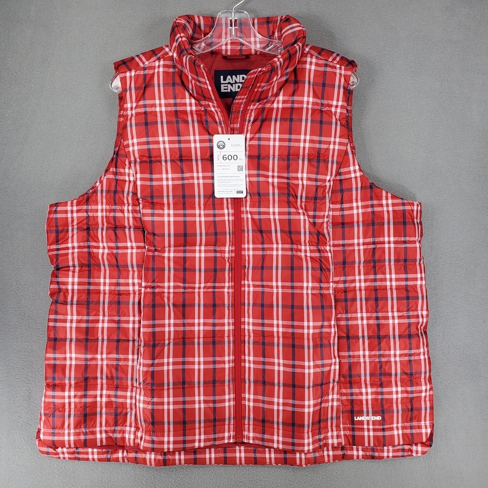 NEW Lands' End Puffer Vest size 1X‎ Goose Down Fill 600 Red Plaid Tartan